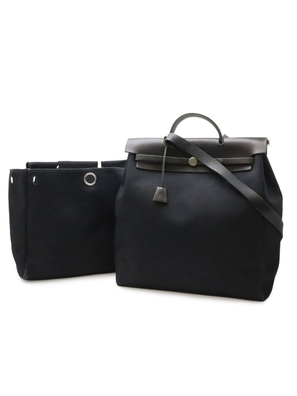 Hermes Herbag MM 2-Way Shoulder Bag Toile Officier Canvas Black